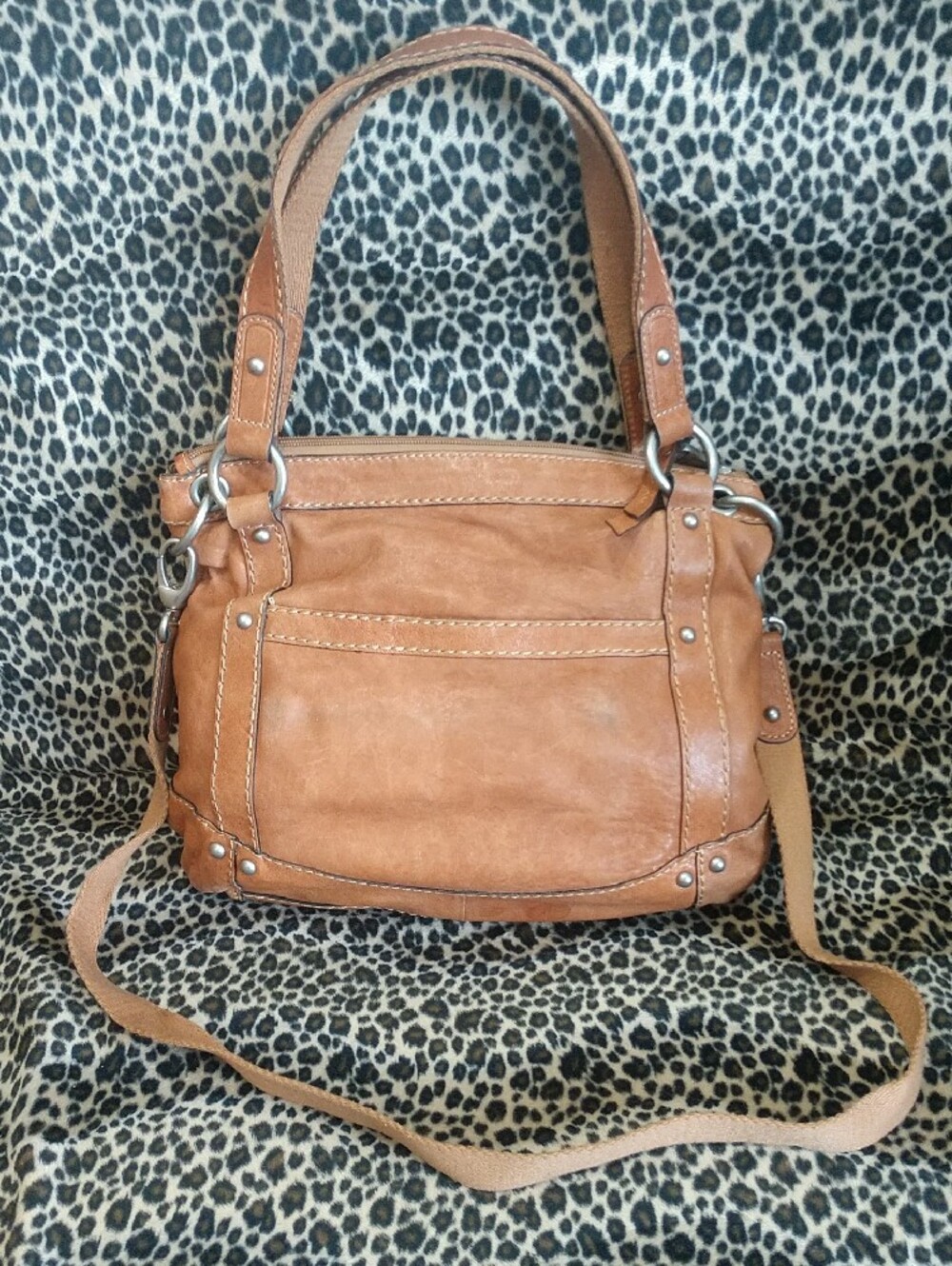 Fossil Cognac Brown Leather Shoulder Bag with Removable Strap - Picture 3 of 9